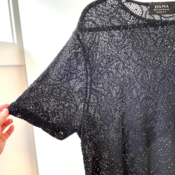 Vintage Dana Buchman Black Beaded Open Knit Top Sheer Sparkle Evening Wear L/XL - Picture 8 of 13